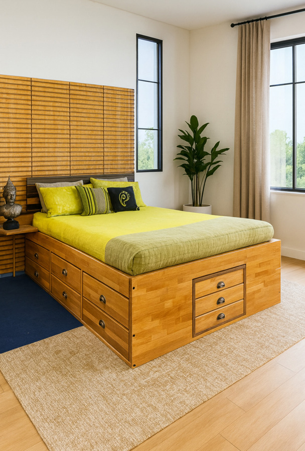 Petite chambre lumineuse avec un lit à rangement